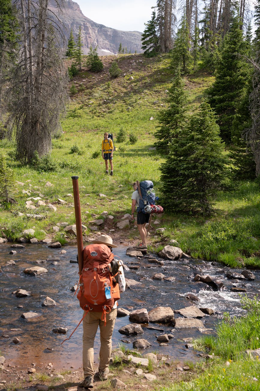 hikers crossing a stream in the mountains